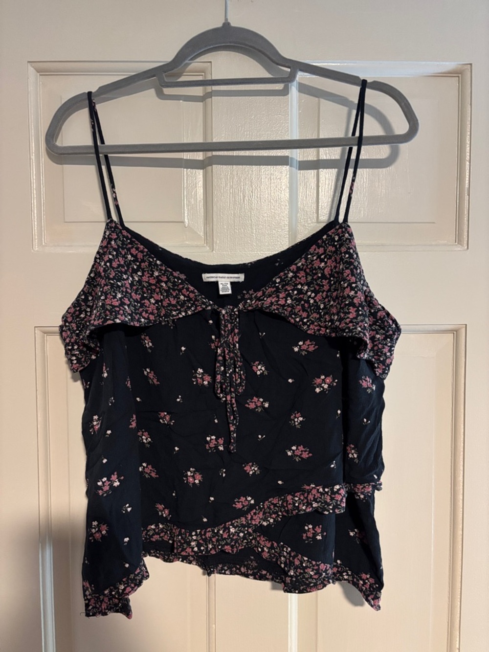 American Eagle Outfitters Black Cami with Pink Floral Ruffle